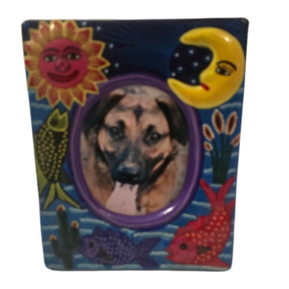Hand Painted Folk Art Ceramic Frame Table Top Mexico 90s Sun Moon Fish